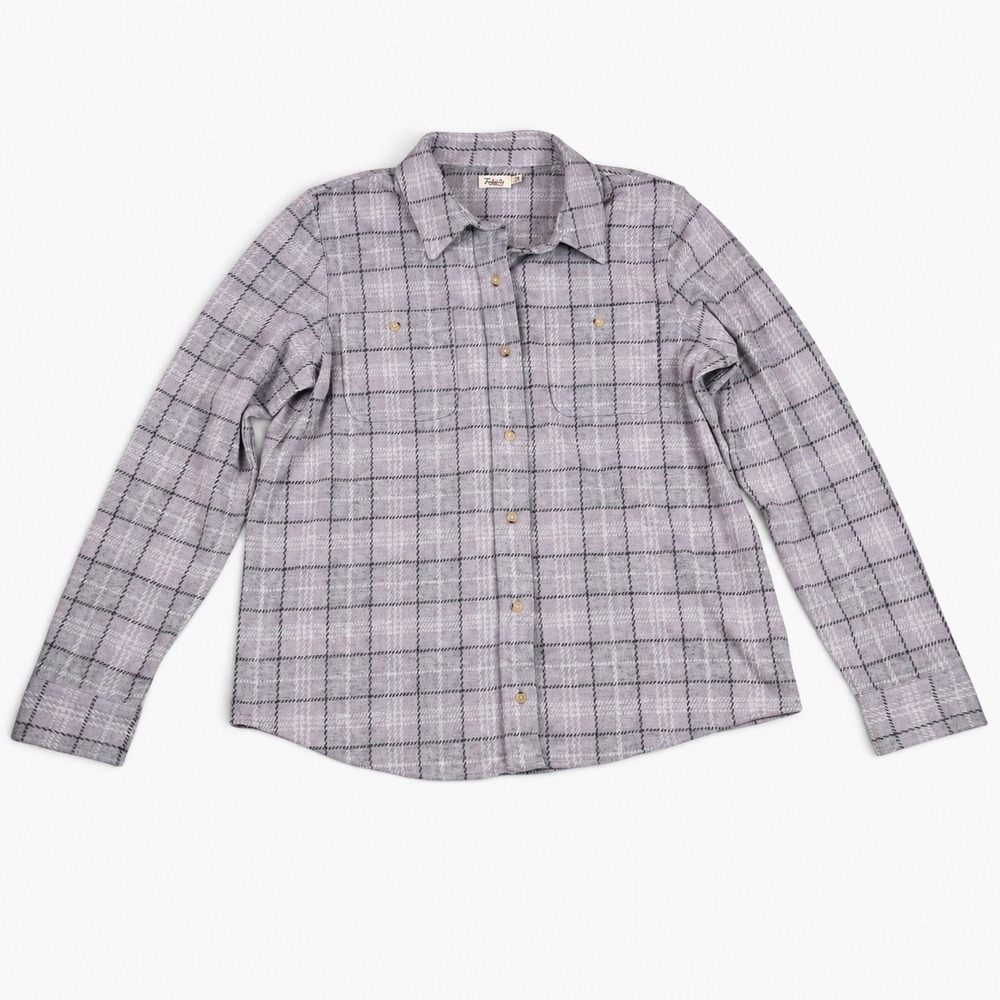 Faherty Legend Sweater Shirt Large Purple Plaid Button Front Stretch Knit